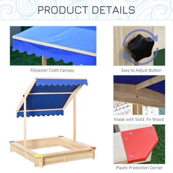 Buy Sandpit, Kids Wooden Sandbox with Adjustable Canopy, Bench Seats & Protective Corners for 3-6 Years Boys Girls, 120x120x120cm, 6 image