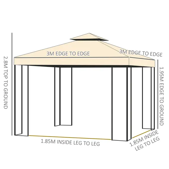 Buy Outsunny 3(m) x 3(m) Garden Gazebo, Double Roof Outdoor Gazebo Canopy Shelter with Netting, Solid Steel Frame, for Garden, Lawn and Deck, Beige, 3 image