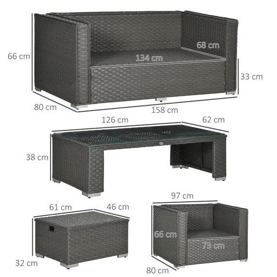 Buy Outsunny 6PC Garden Rattan Sofa Set Bonzer Outdoor Furniture Patio Table Loveseat Stool Lounging Ottoman Aluminium Frame Wicker Weave Conservatory Grey, 3 image