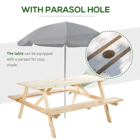 Buy Outsunny 6 Seater Wooden Picnic Table Bench for Outdoor Garden or Patio with Parasol Cutout 150 cm Natural Wood Finish, 4 image