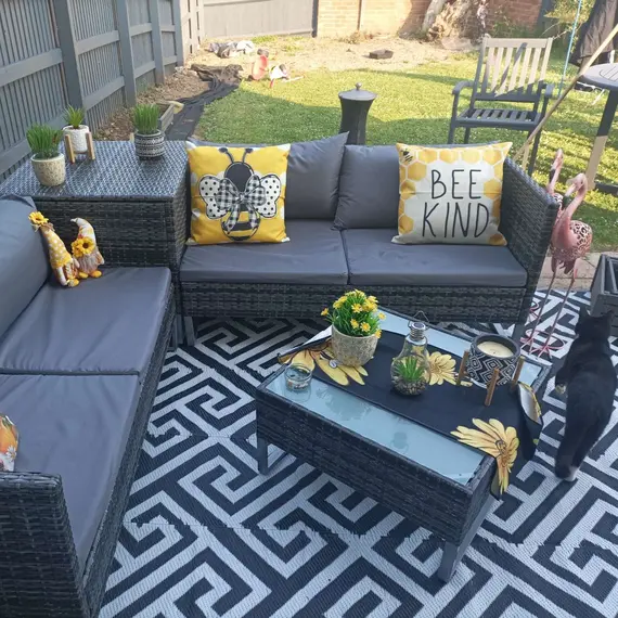 Buy 4pc Garden Rattan Wicker Outdoor Furniture Patio Corner Sofa Love Seat and Table Set  with Cushions Side Desk Storage, Mixed Grey, 9 image