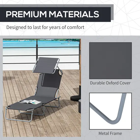 Buy Outsunny Outdoor Foldable Sun Lounger, 4 Level Adjustable Backrest Reclining Sun Lounger Chair with Angle Adjust Sun Shade Awning for Beach, Garden, Patio, Grey, 5 image