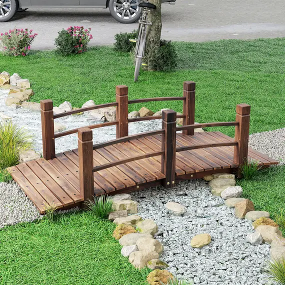 Buy Outsunny 1.5M Wooden Garden Bridge Lawn Décor Stained Finish Arc Outdoor Pond Walkway w/ Railings Water Yard Decoration, 7 image