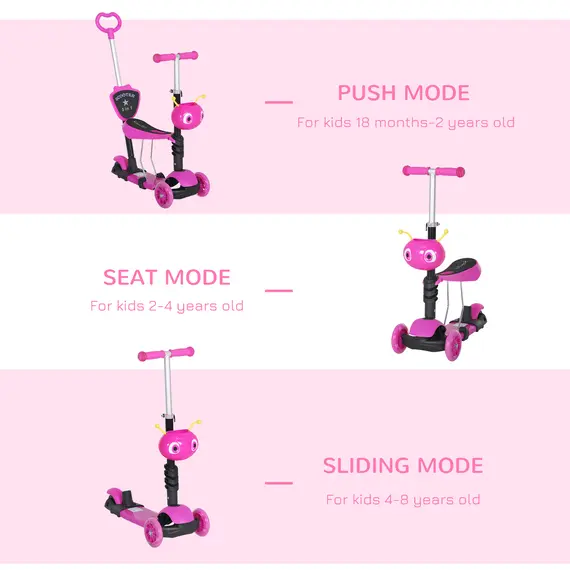 Buy HOMCOM Adjustable Kids Toddler Scooter, with Removable Seat, Back Handle, Pink, 6 image