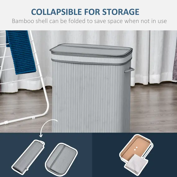 Buy 100L Natural Wood Laundry Basket A Compartment w/Flip Lid Removable Lining Handles Board Base Foldable Durable Water-Resistant Dirty Clothes Storage Home Organisation Grey, 4 image