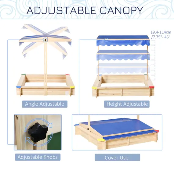 Buy Sandpit, Kids Wooden Sandbox with Adjustable Canopy, Bench Seats & Protective Corners for 3-6 Years Boys Girls, 120x120x120cm, 4 image