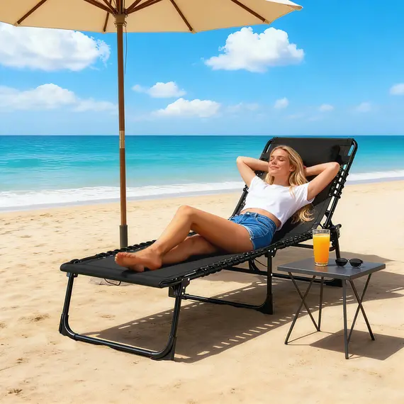 Buy Outsunny Foldable Sun Lounger, Outdoor 4 Level Adjustable Backrest Reclining Chaise Chair, Steel Frame Recliner Chair for Camping, Hiking, Black, 2 image