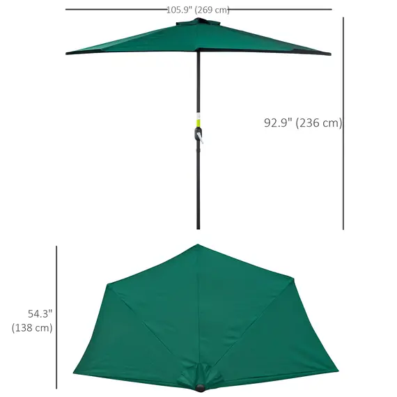 Buy Outsunny 2.7m Garden Half Parasol, Outdoor Balcony Umbrella with 5 Steel Ribs, Patio Sun Shade, Green, 3 image