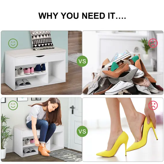 Buy Wooden Shoes Cabinet Bench Hidden Storage Padded Seat Organiser Footwear Rack Hallway White 80 x 30 x 47 cm, 7 image