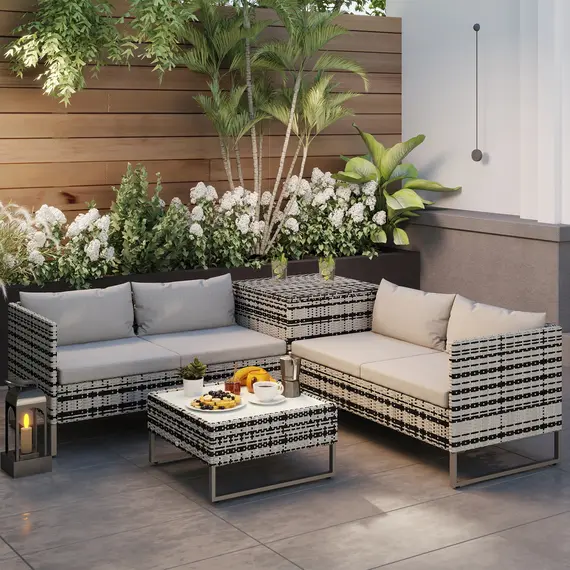 Buy 4pc Garden Rattan Wicker Outdoor Furniture Patio Corner Sofa Love Seat and Table Set  with Cushions Side Desk Storage, Mixed Grey, 2 image