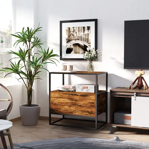 Buy Industrial-Style Side Table w/ Drawer Open Shelf Steel Frame Large Base Two-Tone Retro Stylish Home Furniture Bedroom Living Room, 2 image