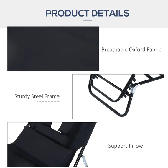 Buy Outsunny Outdoor Folding Sun Lounger with Face Hole, 4 Level Adjustable Backrest Reclining Garden Lounger, Garden Recliner Sunbed with 600 D Oxford Cloth Seat and Pillow for Beach, Black, 5 image