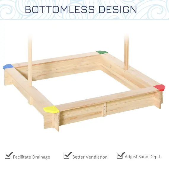 Buy Sandpit, Kids Wooden Sandbox with Adjustable Canopy, Bench Seats & Protective Corners for 3-6 Years Boys Girls, 120x120x120cm, 5 image