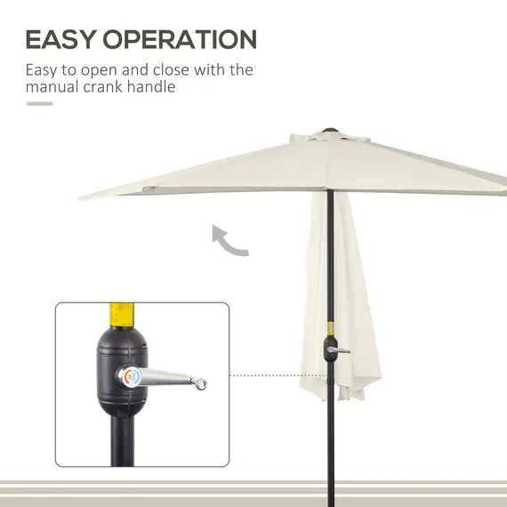 Buy Outsunny 3(m) Half Parasol, Semi Round Umbrella with Metal Frame, Crank Handle for Balcony, Garden, Cream White, 7 image