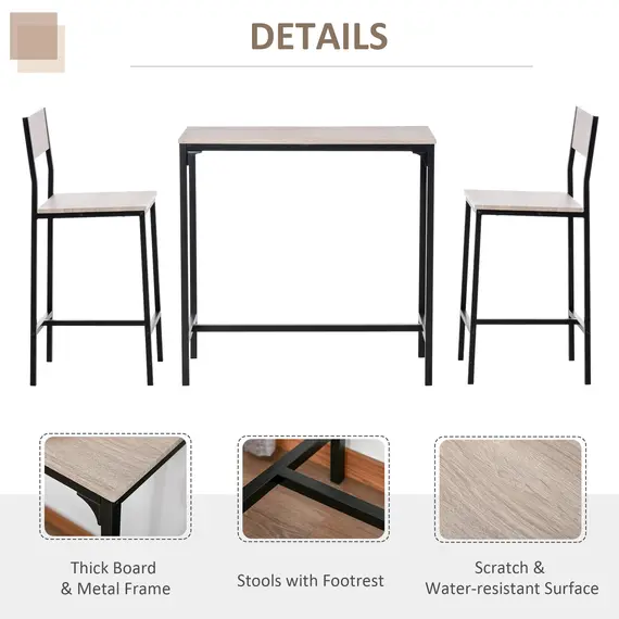 Buy 3-Piece Bar Table Set with 2 Stools, Industrial Breakfast Bar Set with Footrest, Backrest for Dining Room, Small Space, 4 image