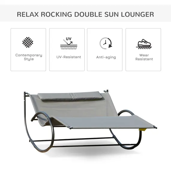Buy Outsunny Double Sun Lounger, Rocking Lounger Sunbed Daybed with Armrest and Headrest Pillow, for Two, For Outdoor Patio Garden, Grey, 6 image