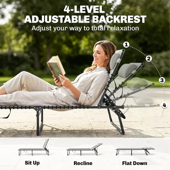 Buy Outsunny Foldable Sun Lounger, Outdoor 4 Level Adjustable Backrest Reclining Chaise Chair, Steel Frame Recliner Chair for Camping, Hiking, Cream White, 4 image