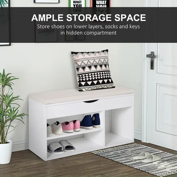 Buy Wooden Shoes Cabinet Bench Hidden Storage Padded Seat Organiser Footwear Rack Hallway White 80 x 30 x 47 cm, 5 image