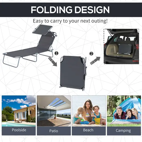Buy Outsunny Outdoor Foldable Sun Lounger, 4 Level Adjustable Backrest Reclining Sun Lounger Chair with Angle Adjust Sun Shade Awning for Beach, Garden, Patio, Grey, 7 image