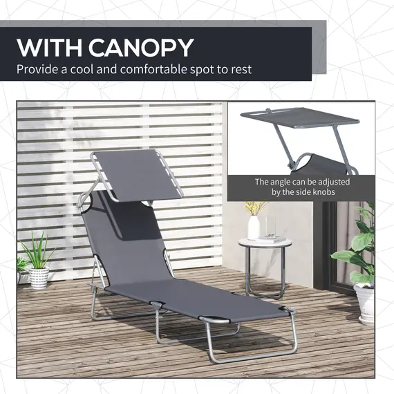 Buy Outsunny Outdoor Foldable Sun Lounger, 4 Level Adjustable Backrest Reclining Sun Lounger Chair with Angle Adjust Sun Shade Awning for Beach, Garden, Patio, Grey, 6 image