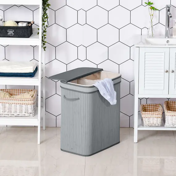 Buy 100L Natural Wood Laundry Basket A Compartment w/Flip Lid Removable Lining Handles Board Base Foldable Durable Water-Resistant Dirty Clothes Storage Home Organisation Grey, 2 image