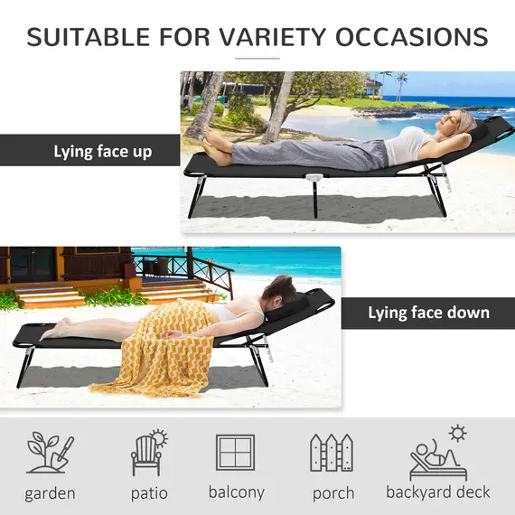 Buy Outsunny Outdoor Folding Sun Lounger with Face Hole, 4 Level Adjustable Backrest Reclining Garden Lounger, Garden Recliner Sunbed with 600 D Oxford Cloth Seat and Pillow for Beach, Black, 4 image