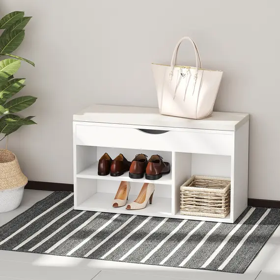 Buy Wooden Shoes Cabinet Bench Hidden Storage Padded Seat Organiser Footwear Rack Hallway White 80 x 30 x 47 cm, 2 image