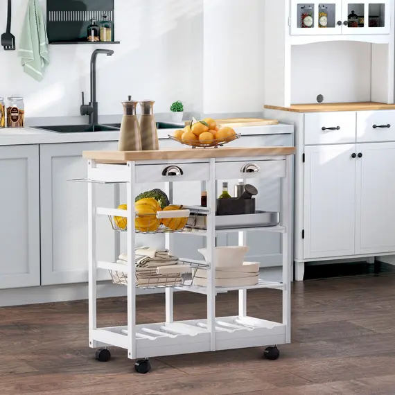 Buy Rolling Kitchen Island Trolley Cart Drawer Shelves Basket Wheels W/  6 Bottle Wine Rack White, 4 image