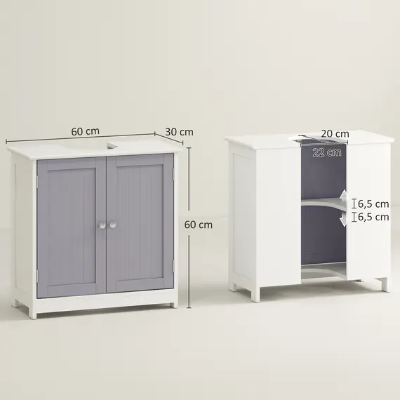 Buy 60x60cm Under-Sink Storage Cabinet w/ Adjustable Shelf Handles Drain Hole Bathroom Cabinet Space Saver Organizer White and Grey, 3 image