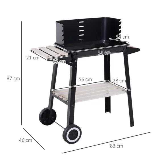 Buy Outsunny Trolley Charcoal BBQ Barbecue Grill Outdoor Patio Garden Heating Smoker with Side Trays Storage Shelf and Wheels, 3 image