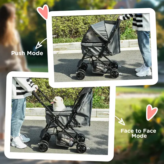 Buy Pet Stroller Pushchair Foldable Travel Dog Cat Carriage w/ Reversible Handle Brake Basket, 8 image