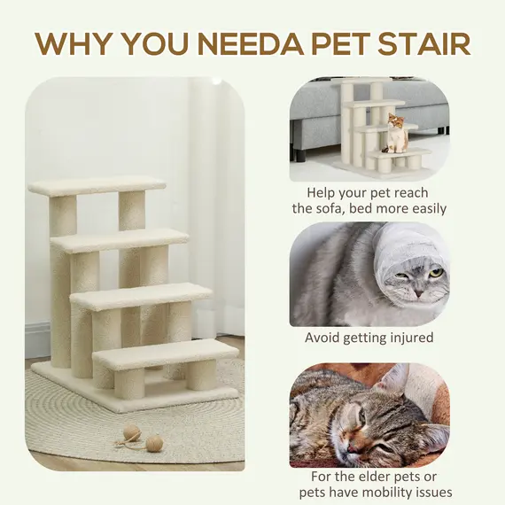 Buy Dog Steps for Bed 4 Step Pet Stairs for Sofa Dog Cat Climb Ladder 63x43x60 cm Cream, 5 image