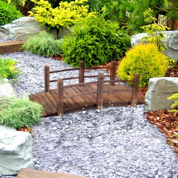 Buy Outsunny 1.5M Wooden Garden Bridge Lawn Décor Stained Finish Arc Outdoor Pond Walkway w/ Railings Water Yard Decoration, 9 image