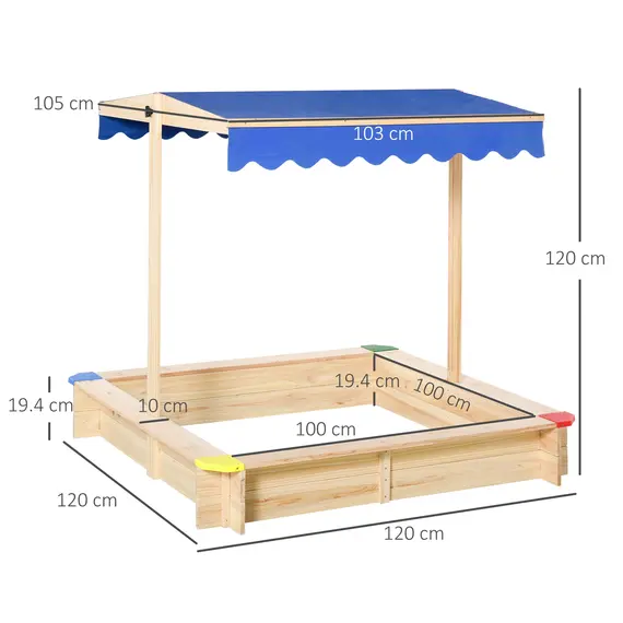 Buy Sandpit, Kids Wooden Sandbox with Adjustable Canopy, Bench Seats & Protective Corners for 3-6 Years Boys Girls, 120x120x120cm, 2 image