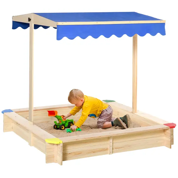 Buy Sandpit, Kids Wooden Sandbox with Adjustable Canopy, Bench Seats & Protective Corners for 3-6 Years Boys Girls, 120x120x120cm