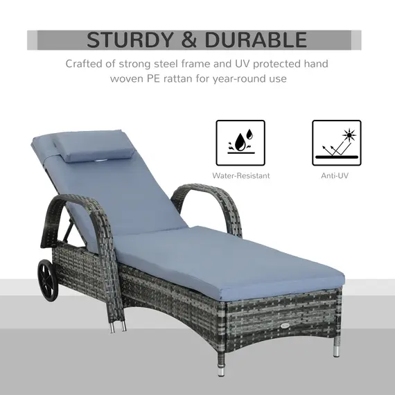 Buy Outsunny Garden Rattan Furniture Single Sun Lounger Recliner Bed Reclining Chair Patio Outdoor Wicker Weave Adjustable Headrest with Fire Retardant Cushion - Grey, 5 image