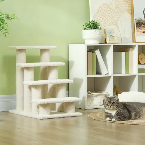 Buy Dog Steps for Bed 4 Step Pet Stairs for Sofa Dog Cat Climb Ladder 63x43x60 cm Cream, 7 image