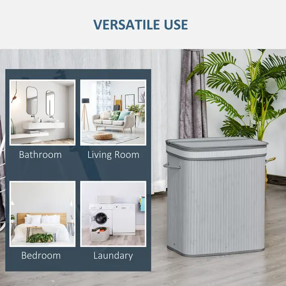 Buy 100L Natural Wood Laundry Basket A Compartment w/Flip Lid Removable Lining Handles Board Base Foldable Durable Water-Resistant Dirty Clothes Storage Home Organisation Grey, 6 image
