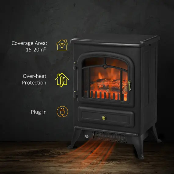 Buy HOMCOM Freestanding Electric Fireplace Indoor Heater Glass View Log Wood Burning Effect Flame Portable Fireplace Stove 950/1850W Black, 4 image