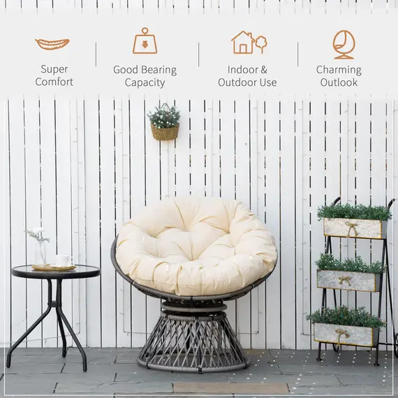 Buy 360° Swivel Rattan Moon Bowl Chair Round Lounge Garden Wicker Basket Seat with Padded Cushion Oversized for Outdoor Indoor, Beige, 6 image
