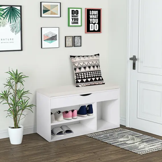 Buy Wooden Shoes Cabinet Bench Hidden Storage Padded Seat Organiser Footwear Rack Hallway White 80 x 30 x 47 cm, 8 image