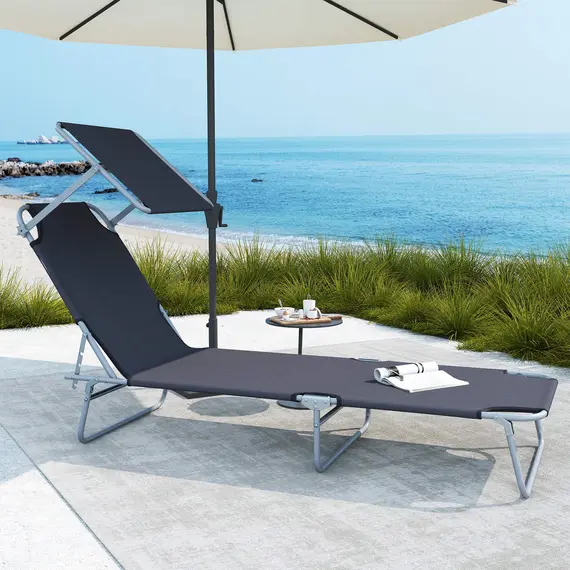 Buy Outsunny Outdoor Foldable Sun Lounger, 4 Level Adjustable Backrest Reclining Sun Lounger Chair with Angle Adjust Sun Shade Awning for Beach, Garden, Patio, Grey, 2 image
