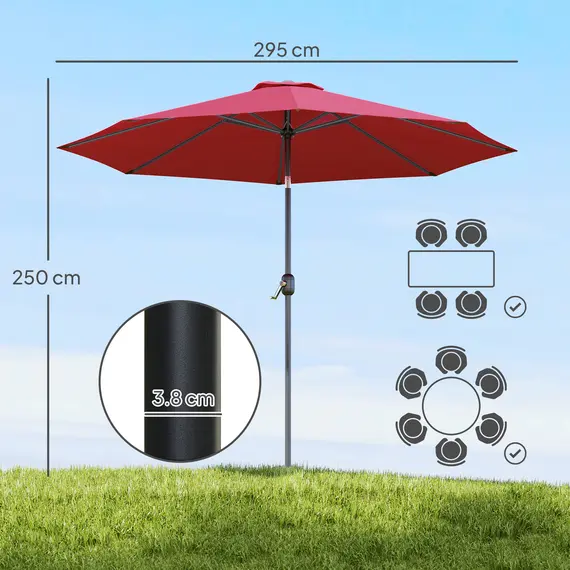 Buy Outsunny 3(m) Tilting Parasol Garden Umbrellas, Outdoor Sun Shade with 8 Ribs, Tilt and Crank Handle for Balcony, Bench, Garden, Wine Red, 3 image
