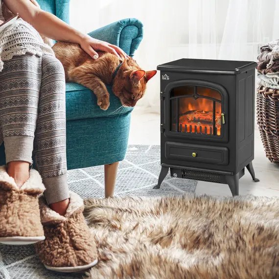 Buy HOMCOM Freestanding Electric Fireplace Indoor Heater Glass View Log Wood Burning Effect Flame Portable Fireplace Stove 950/1850W Black, 2 image