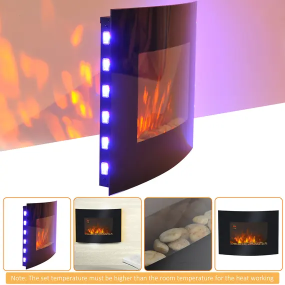 Buy HOMCOM Led Wall Mounted Fireplace Curved Glass Electric Fire Place Fire Place 7 Colour Side Lights Slimline, 900/1800W, 65cm x 52cm, 6 image