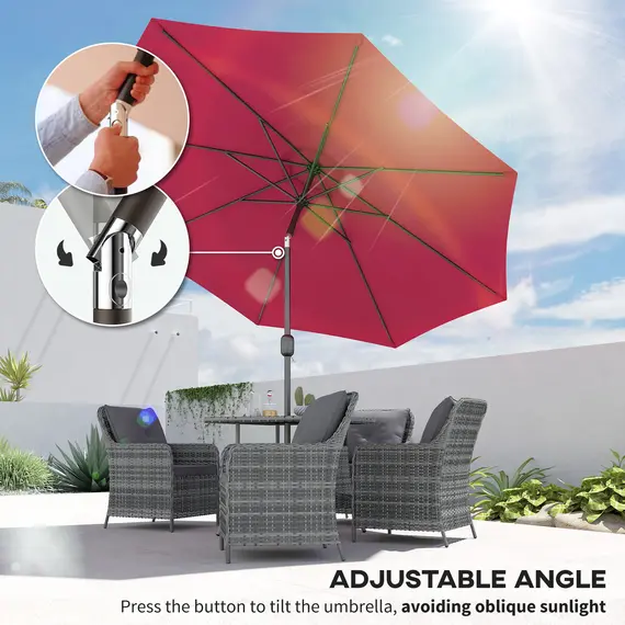 Buy Outsunny 3(m) Tilting Parasol Garden Umbrellas, Outdoor Sun Shade with 8 Ribs, Tilt and Crank Handle for Balcony, Bench, Garden, Wine Red, 4 image