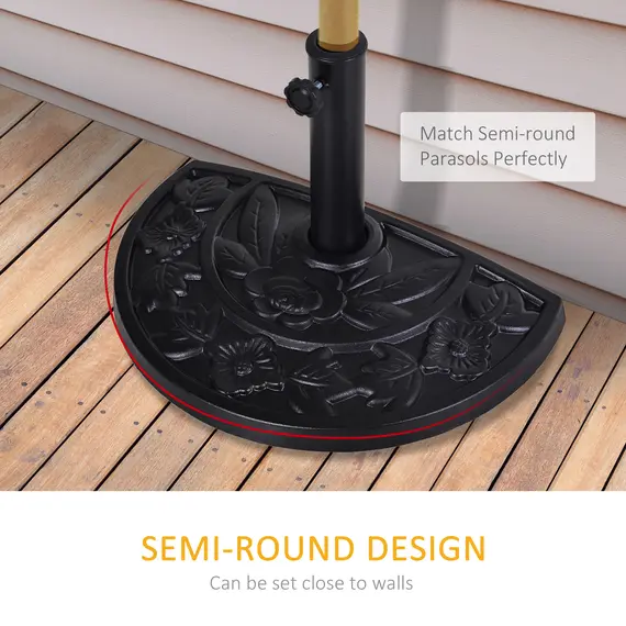 Buy Outsunny 9kg Resin Parasol Base, Half Round Umbrella Stand with Floral Design for Garden, Outdoor, Suitable Umbrella Rod: Φ3.8cm, Φ4.8cm, Black, 5 image