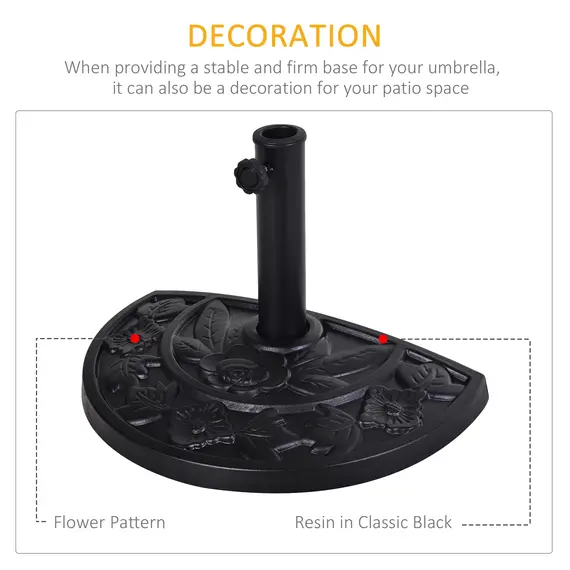 Buy Outsunny 9kg Resin Parasol Base, Half Round Umbrella Stand with Floral Design for Garden, Outdoor, Suitable Umbrella Rod: Φ3.8cm, Φ4.8cm, Black, 4 image