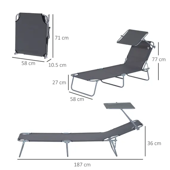 Buy Outsunny Outdoor Foldable Sun Lounger, 4 Level Adjustable Backrest Reclining Sun Lounger Chair with Angle Adjust Sun Shade Awning for Beach, Garden, Patio, Grey, 3 image