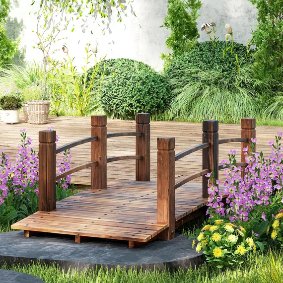 Buy Outsunny 1.5M Wooden Garden Bridge Lawn Décor Stained Finish Arc Outdoor Pond Walkway w/ Railings Water Yard Decoration, 2 image